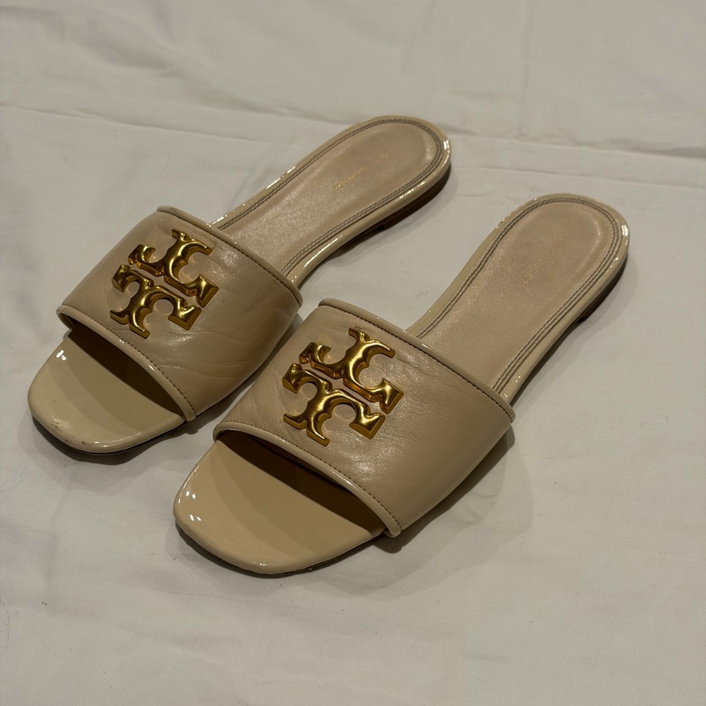 Tory Burch Beige and Gold‎ Slide Sandals